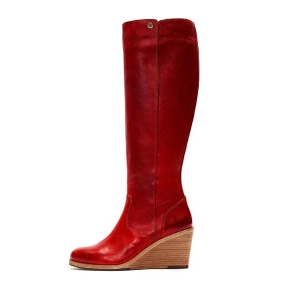 FSJ Red Side Zipper Wedge High Heel Point Toe Fancy Pull On Ladies Boot - Picture 1 of 8